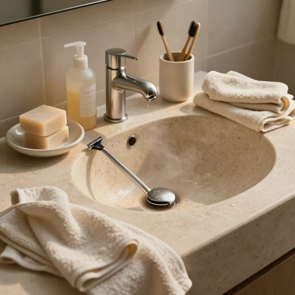 Bagno in pietra chiara con saponi solidi, rasoio, spazzolino in bambù e asciugamani di lino.