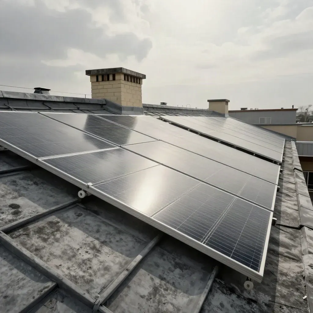 Tetto condominiale con pannelli fotovoltaici, comignolo in mattoni e cielo lattiginoso al mezzogiorno.