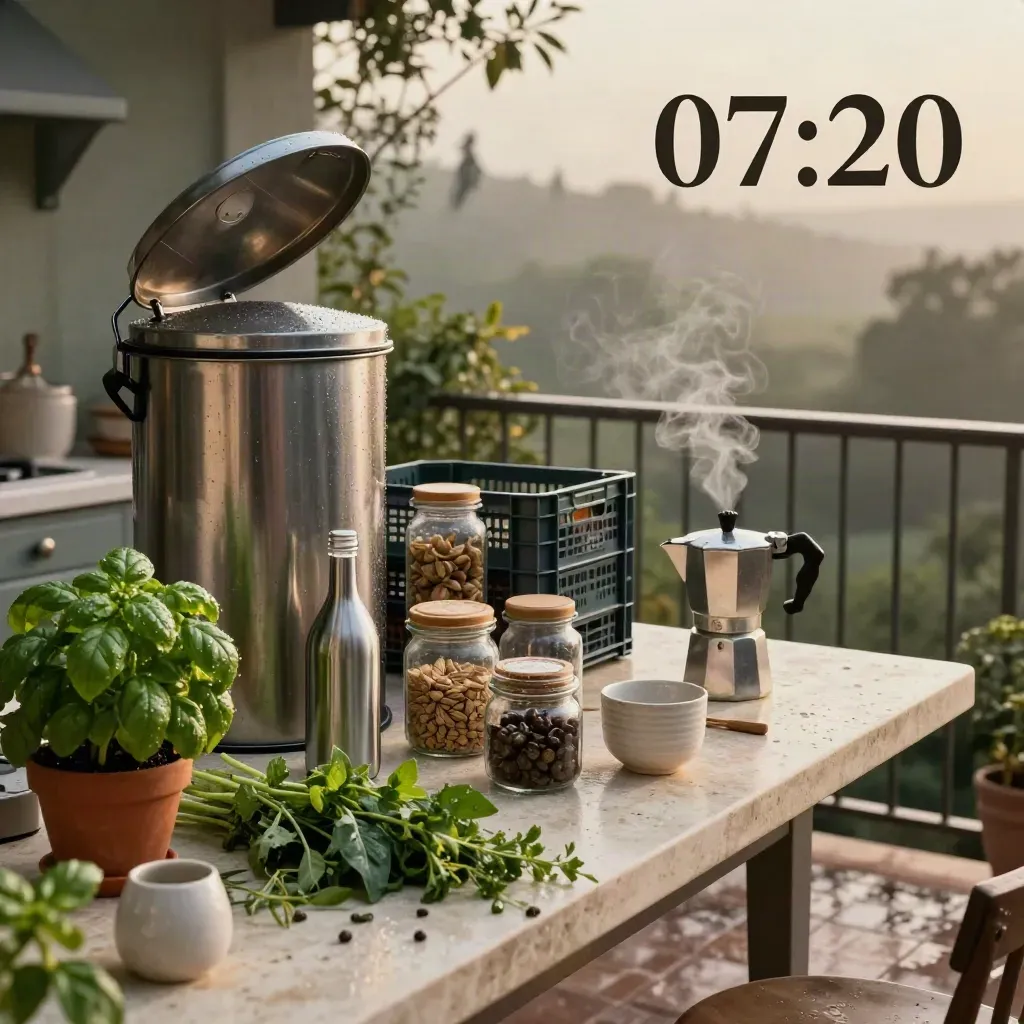 Cucina italiana con moka fumante, compostiera, barattoli e balcone bagnato dalla pioggia.