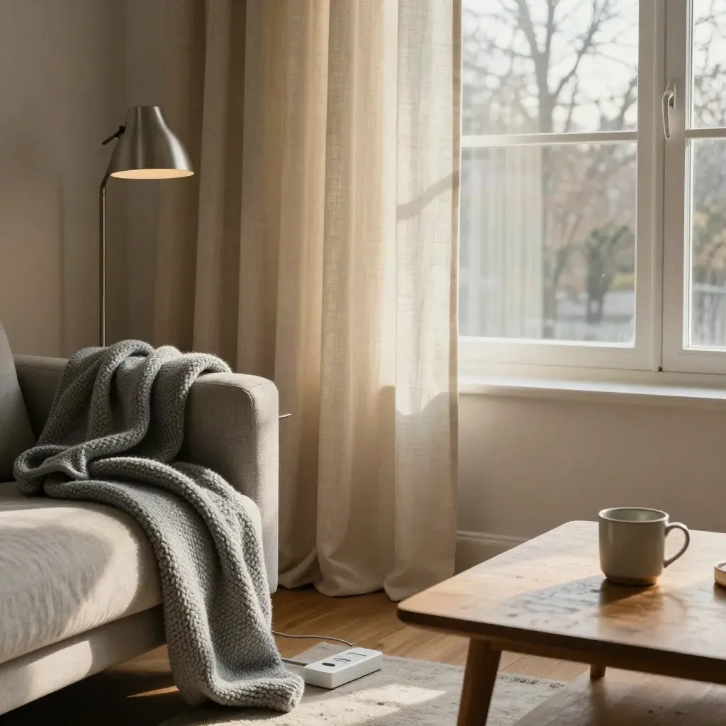 Salotto invernale con tende termiche, lampada LED, coperta pesante e tazza su tavolino in legno.