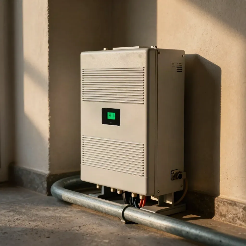 Angolo tecnico con inverter fotovoltaico e batteria domestica illuminati dal sole.