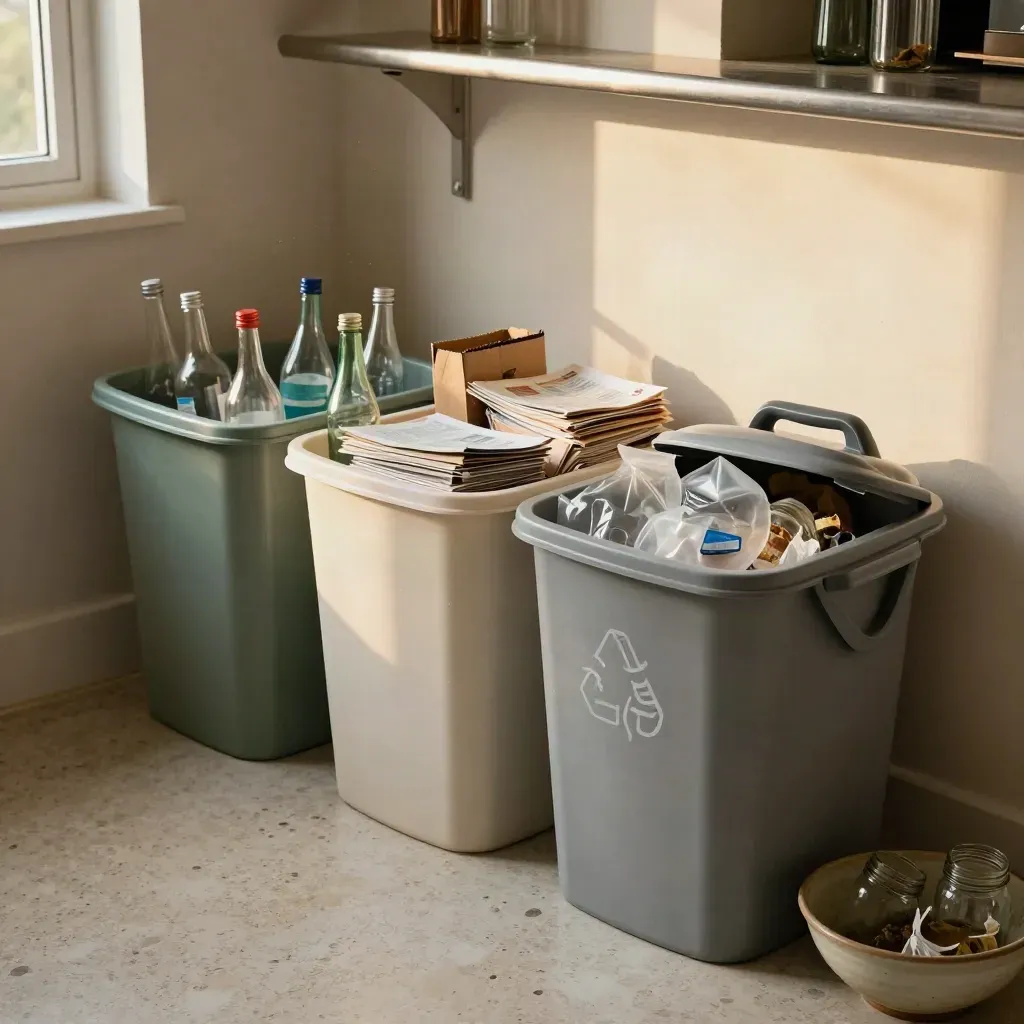 Quattro bidoni differenziati con vetro, carta, plastica e organico in una cucina luminosa.