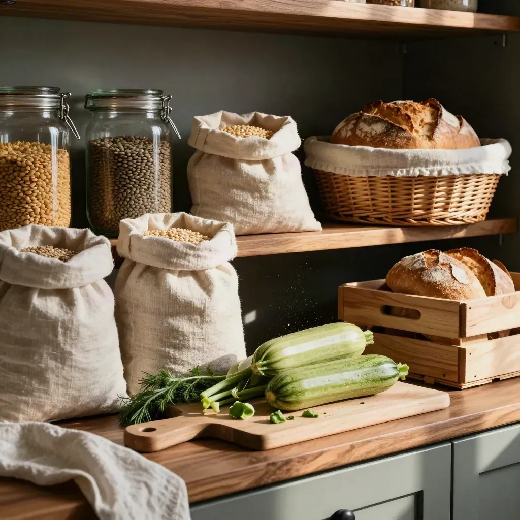 Dispensa zero sprechi con barattoli, sacchetti di cotone, pane e verdure in movimento.