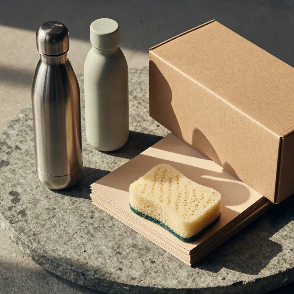 Prodotti green su lastra di pietra: borraccia, refill, carta riciclata, spugna vegetale e scatola kraft.