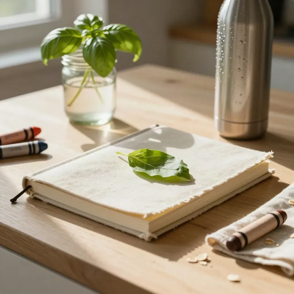 Quaderno chiuso, foglia pressata, piantina, borraccia e pastelli su tavolo di cucina luminoso