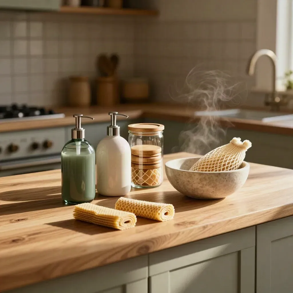 Cucina con dispenser ricaricabili, vasetti di vetro, reti per frutta e pellicola in cera d'api.