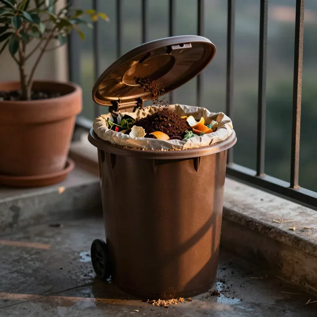 Bidone marrone dell’organico sul balcone al tramonto, con bucce e sacchetto compostabile.