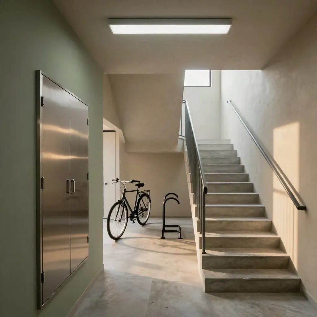 Vano scala condominiale moderno con luci LED, quadro chiuso e bici in rack, luce del tardo pomeriggio.