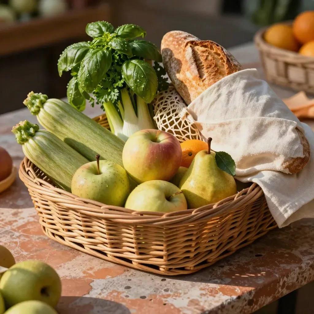 Cassetta della spesa con frutta, verdure sfuse, pane avvolto in tessuto e sacchetti di rete.