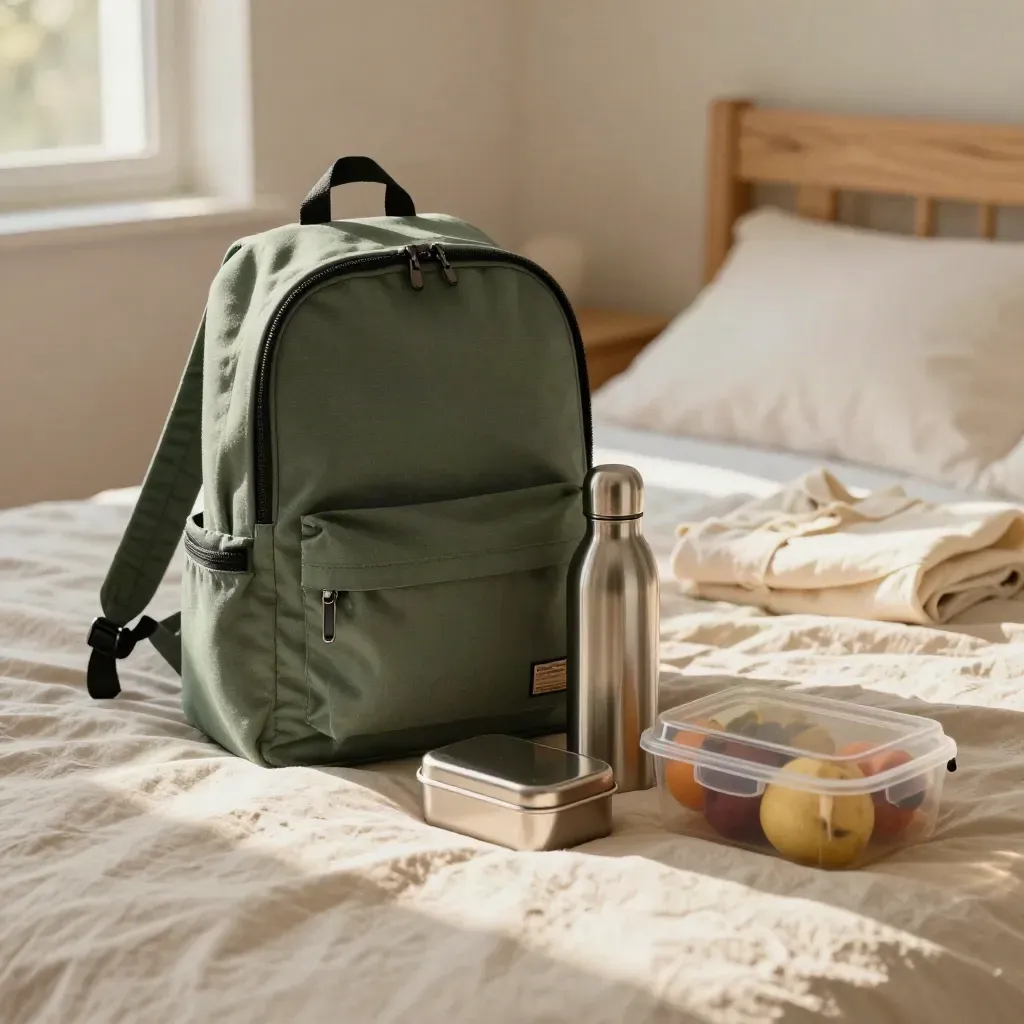Zaino scolastico aperto con borraccia, lunch box e contenitore frutta sul letto, luce mattutina calda.