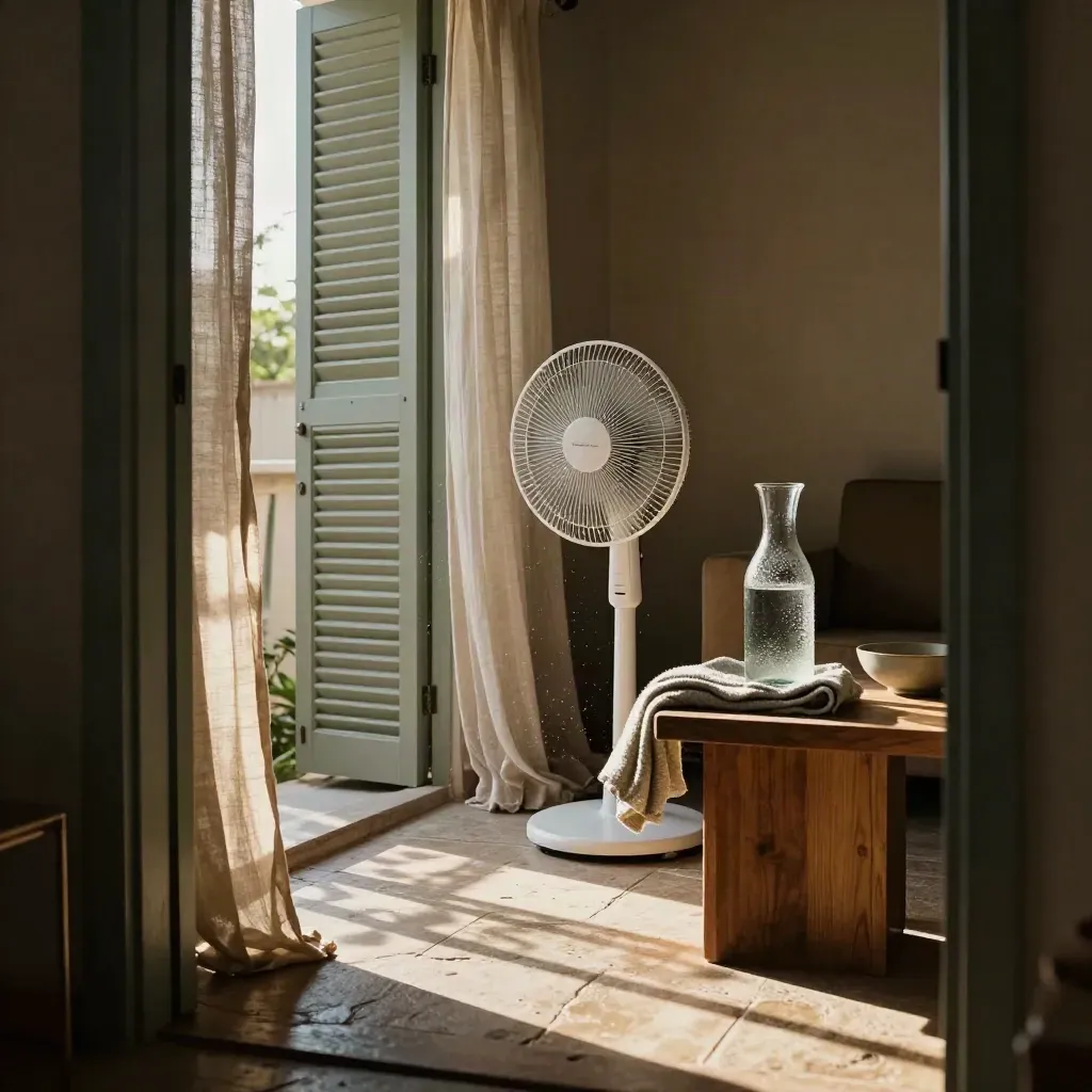 Salotto estivo con persiane socchiuse, ventilatore spento e brocca d'acqua in luce calda.