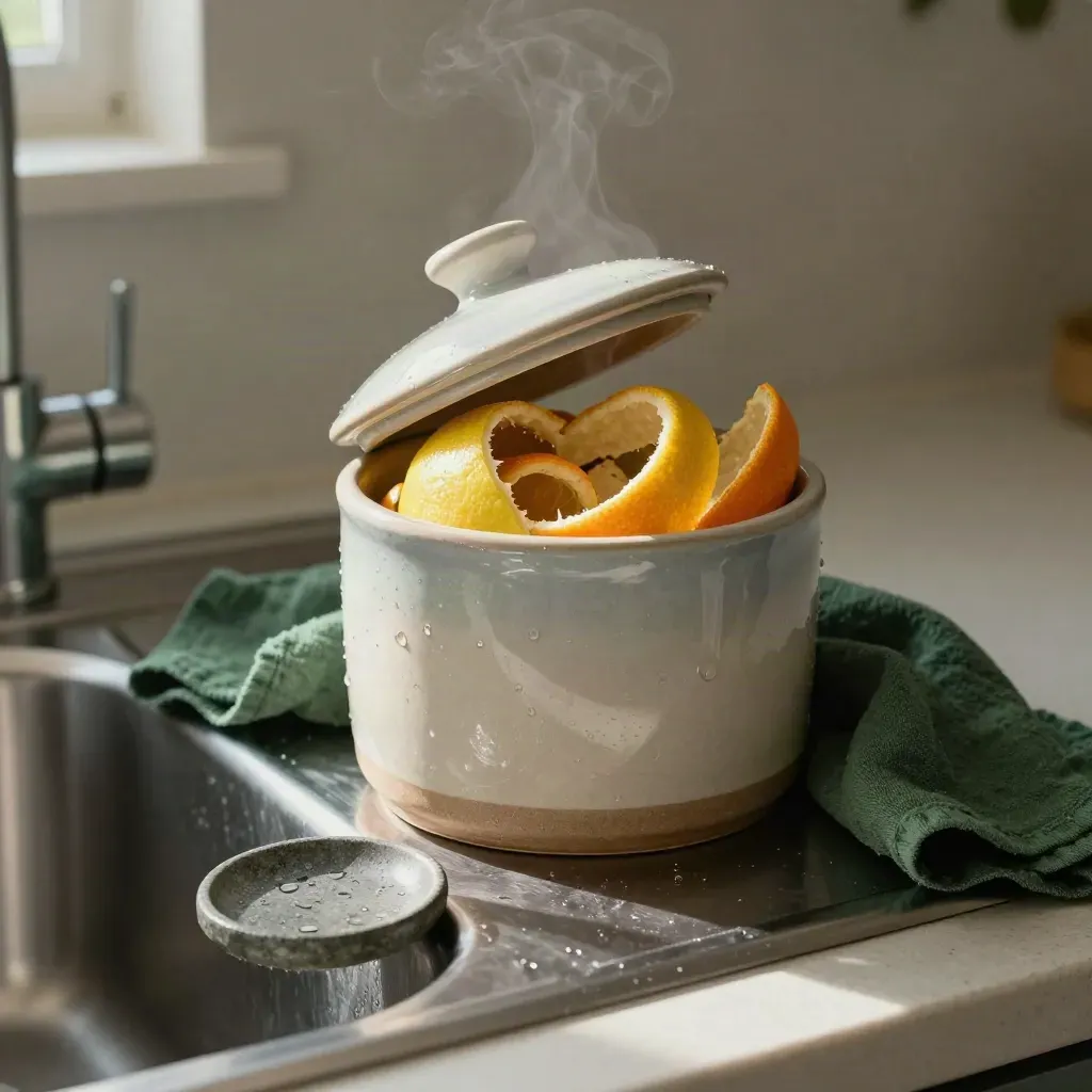 Compostiera da cucina in ceramica con bucce d’agrumi e vapore sul lavello