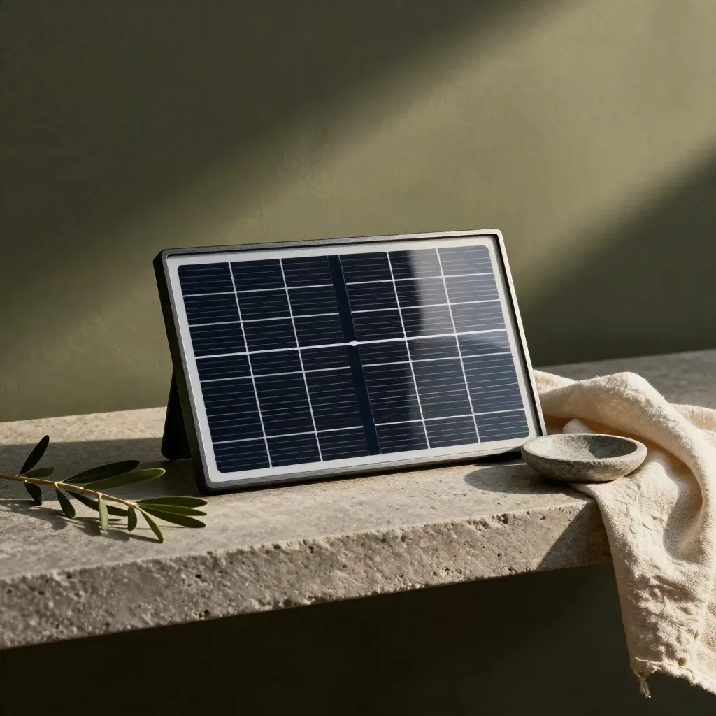 Mini pannello fotovoltaico con rametto d’ulivo e tessuto grezzo su mensola in pietra
