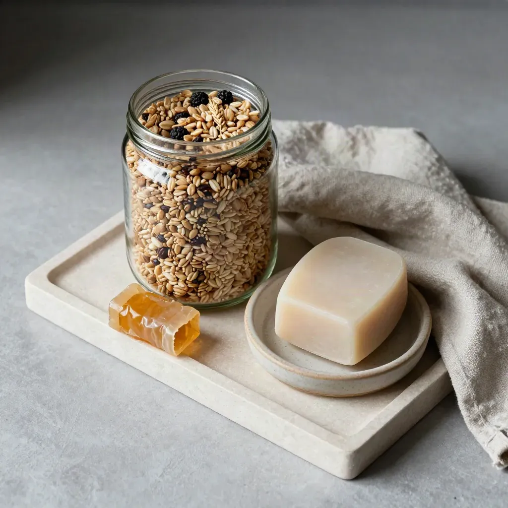 Barattolo di cereali, pellicola in cera d’api, sapone solido e piattino in gres su sfondo chiaro.