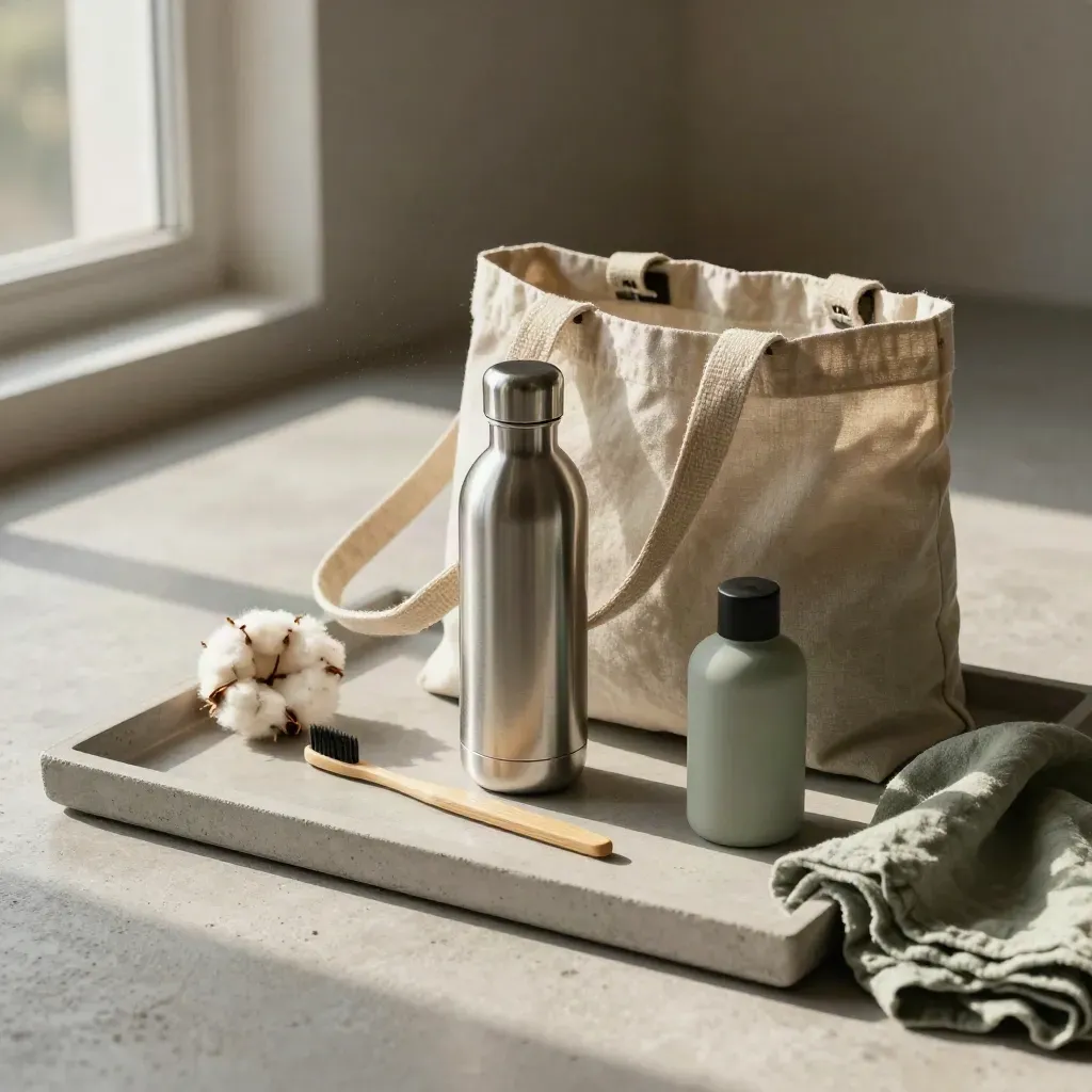 Shopper ecologica in cotone con borraccia, spazzolino di bambù e flacone refill su vassoio di pietra